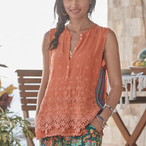 Johnny Was embroidered Malin tank, Ladies XS coral sleeveless floral boho top